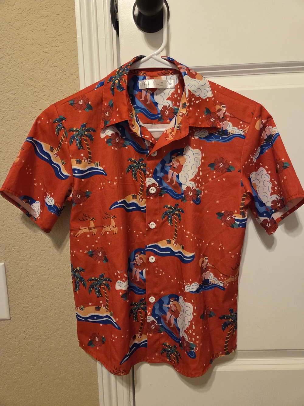 Kids Tropical Santa & Reindeer Print Button-Down Shirt